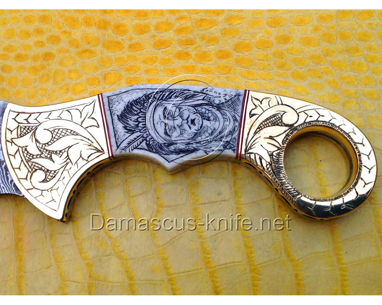 Handmade Damascus Steel Scrimshaw Curved Field-Utility Implement - Bone &amp; Brass - CK721