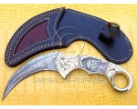 Handmade Damascus Steel Scrimshaw Curved Field-Utility Implement - Bone &amp; Brass - CK721