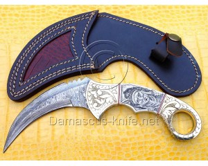 Handmade Damascus Steel Scrimshaw Curved Field-Utility Implement - Bone &amp; Brass - CK721