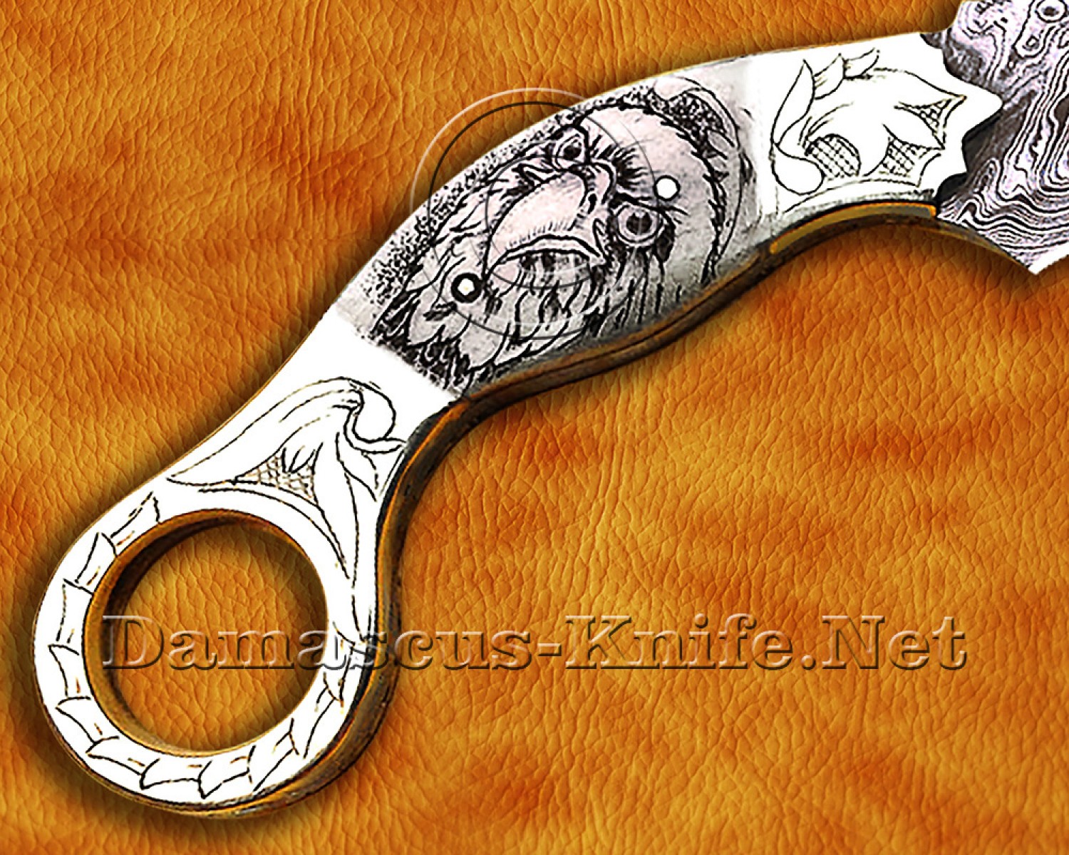 Handmade Damascus Steel Scrimshaw Curved Field-Utility Implement - Bone & Brass - CK722 | Arsons Custom Knife