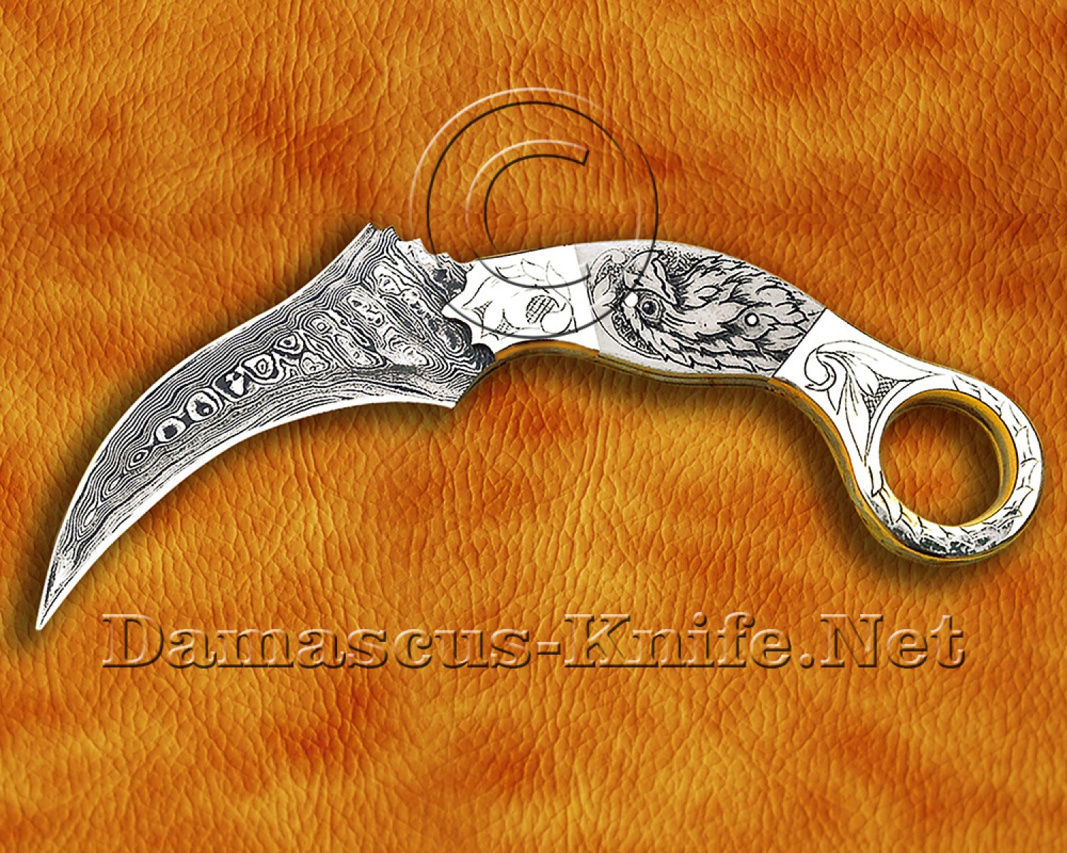 Handmade Damascus Steel Scrimshaw Curved Field-Utility Implement - Bone & Brass - CK722 | Arsons Custom Knife