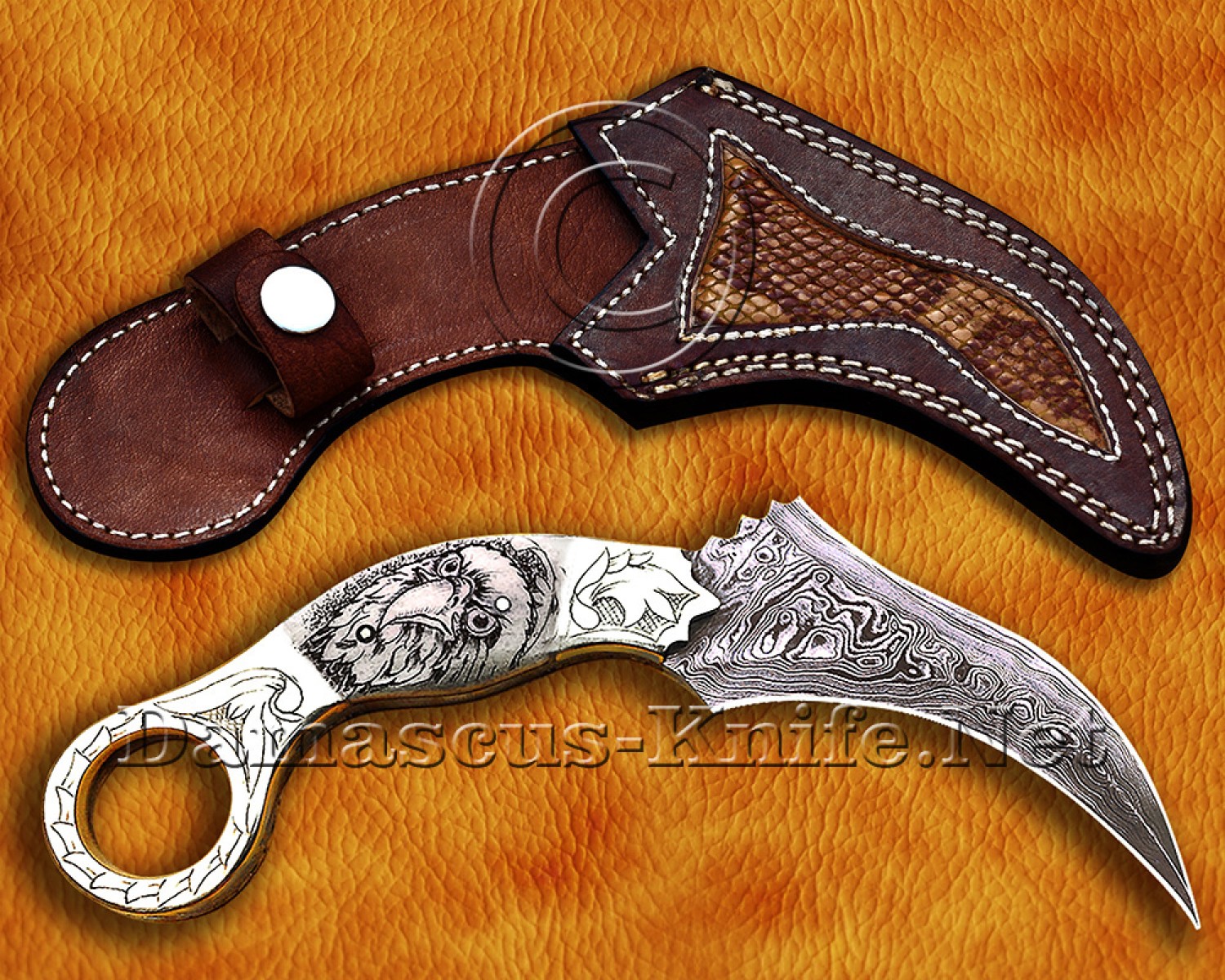 Handmade Damascus Steel Scrimshaw Curved Field-Utility Implement - Bone & Brass - CK722 | Arsons Custom Knife