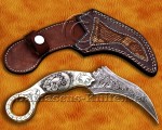 Handmade Damascus Steel Scrimshaw Curved Field-Utility Implement - Bone & Brass - CK722 | Arsons Custom Knife