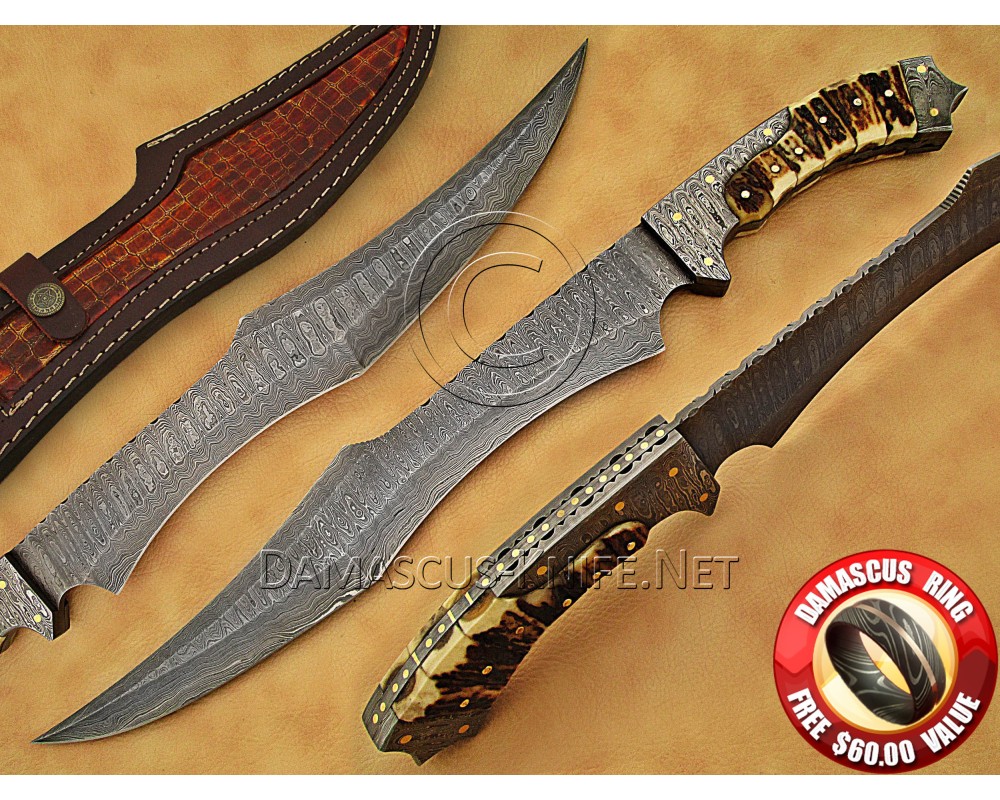 Custom Handmade Damascus Steel Outdoor Bowie Knife - Stag Handle - CK885