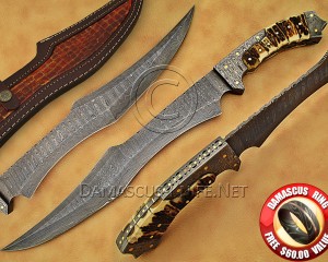 Custom Handmade Damascus Steel Outdoor Bowie Knife - Stag Handle - CK885