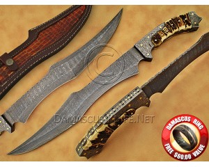 Custom Handmade Damascus Steel Outdoor Bowie Knife - Stag Handle - CK885
