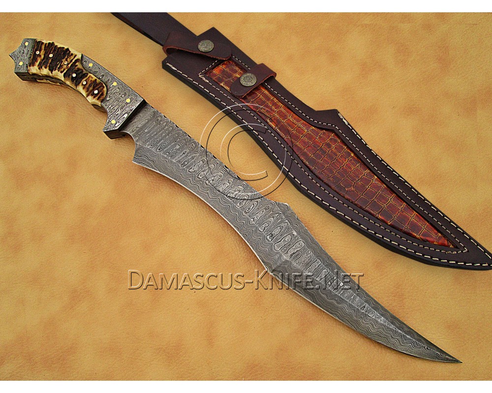 Custom Handmade Damascus Steel Outdoor Bowie Knife - Stag Handle - CK885