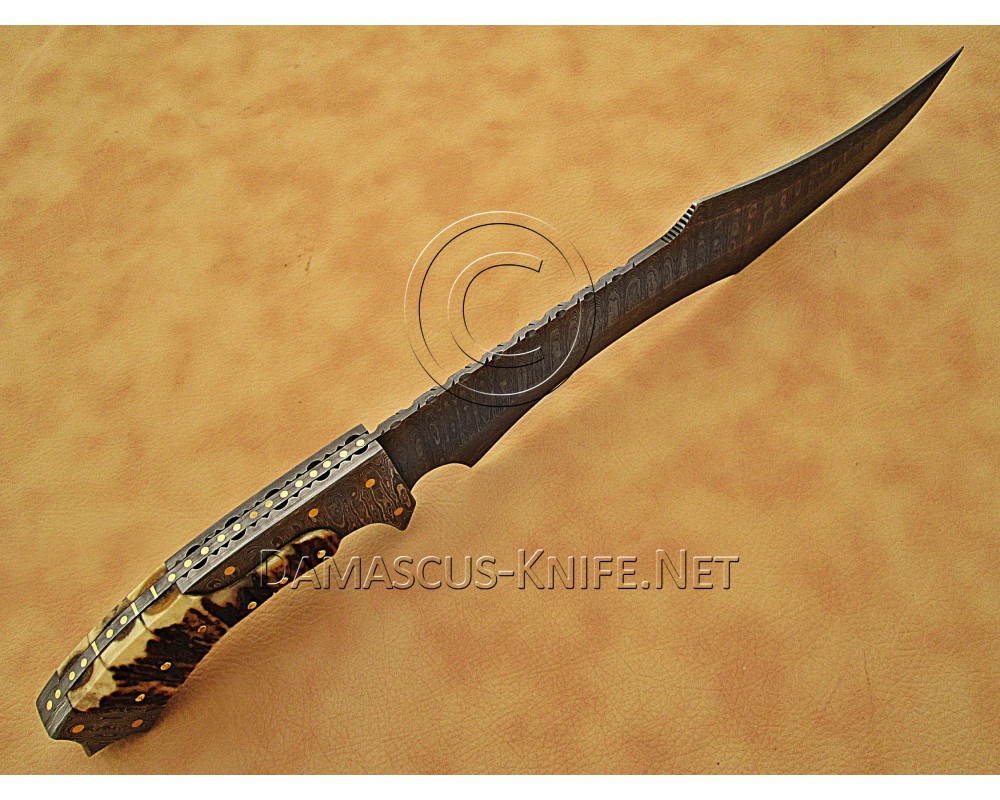 Custom Handmade Damascus Steel Outdoor Bowie Knife - Stag Handle - CK885