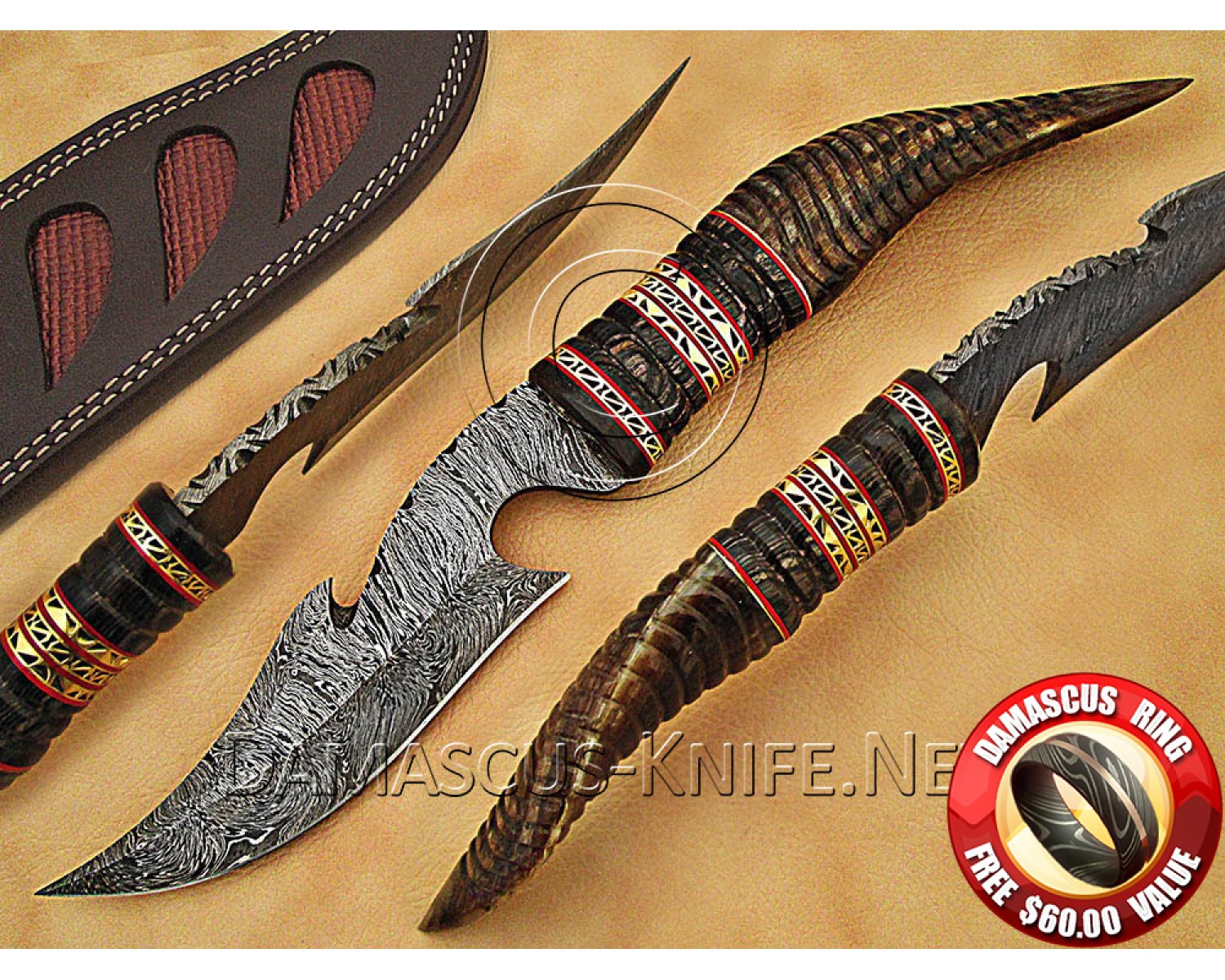 Custom Handmade Damascus Steel Utility Hook Bowie Knife - Ram Horn Handle - CK889