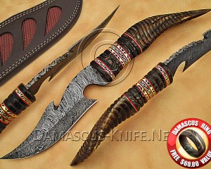 Custom Handmade Damascus Steel Utility Hook Bowie Knife - Ram Horn Handle - CK889