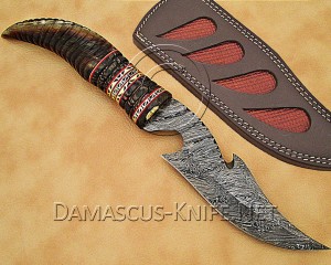 Custom Handmade Damascus Steel Utility Hook Bowie Knife - Ram Horn Handle - CK889