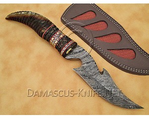 Custom Handmade Damascus Steel Utility Hook Bowie Knife - Ram Horn Handle - CK889