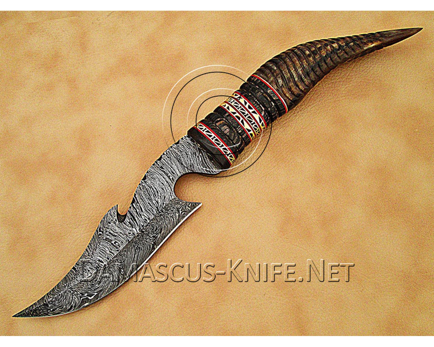 Custom Handmade Damascus Steel Utility Hook Bowie Knife - Ram Horn Handle - CK889