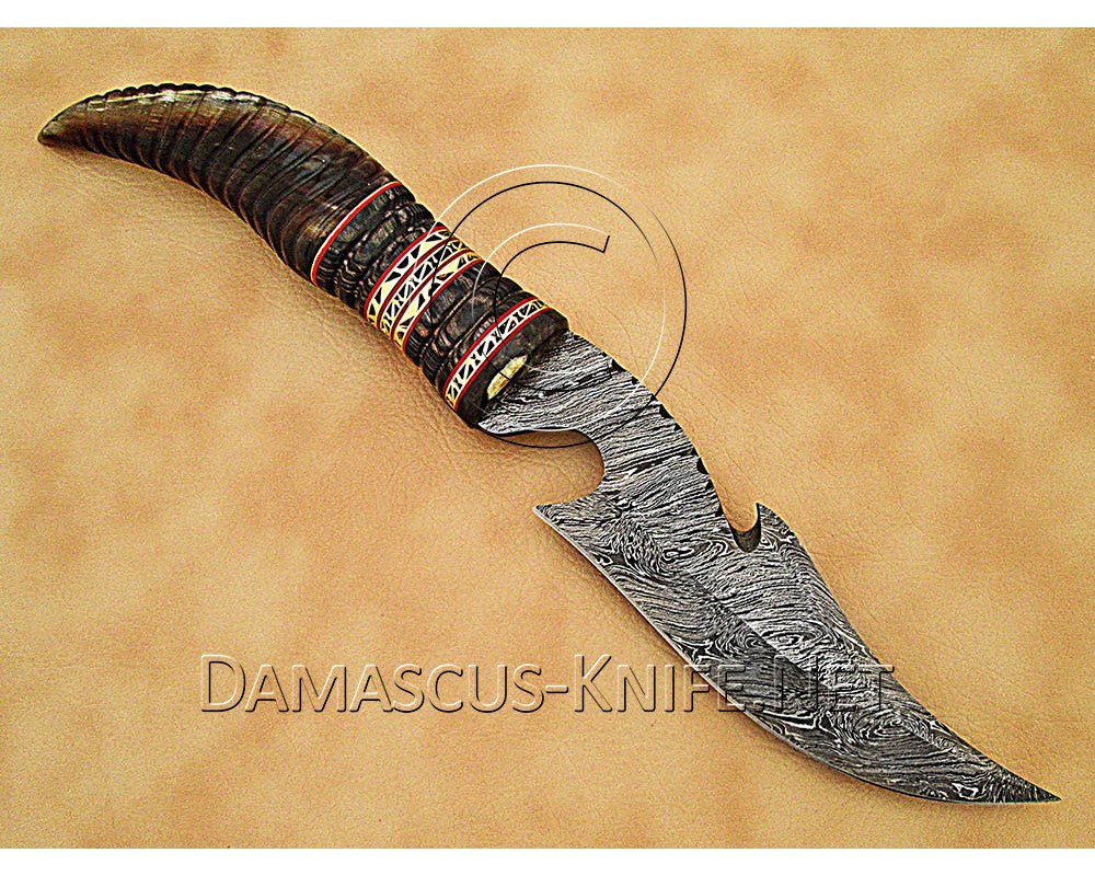 Custom Handmade Damascus Steel Utility Hook Bowie Knife - Ram Horn Handle - CK889 Custom Handmade Damascus Steel Utility Hook Bowie Knife - Ram Horn Handle - CK889