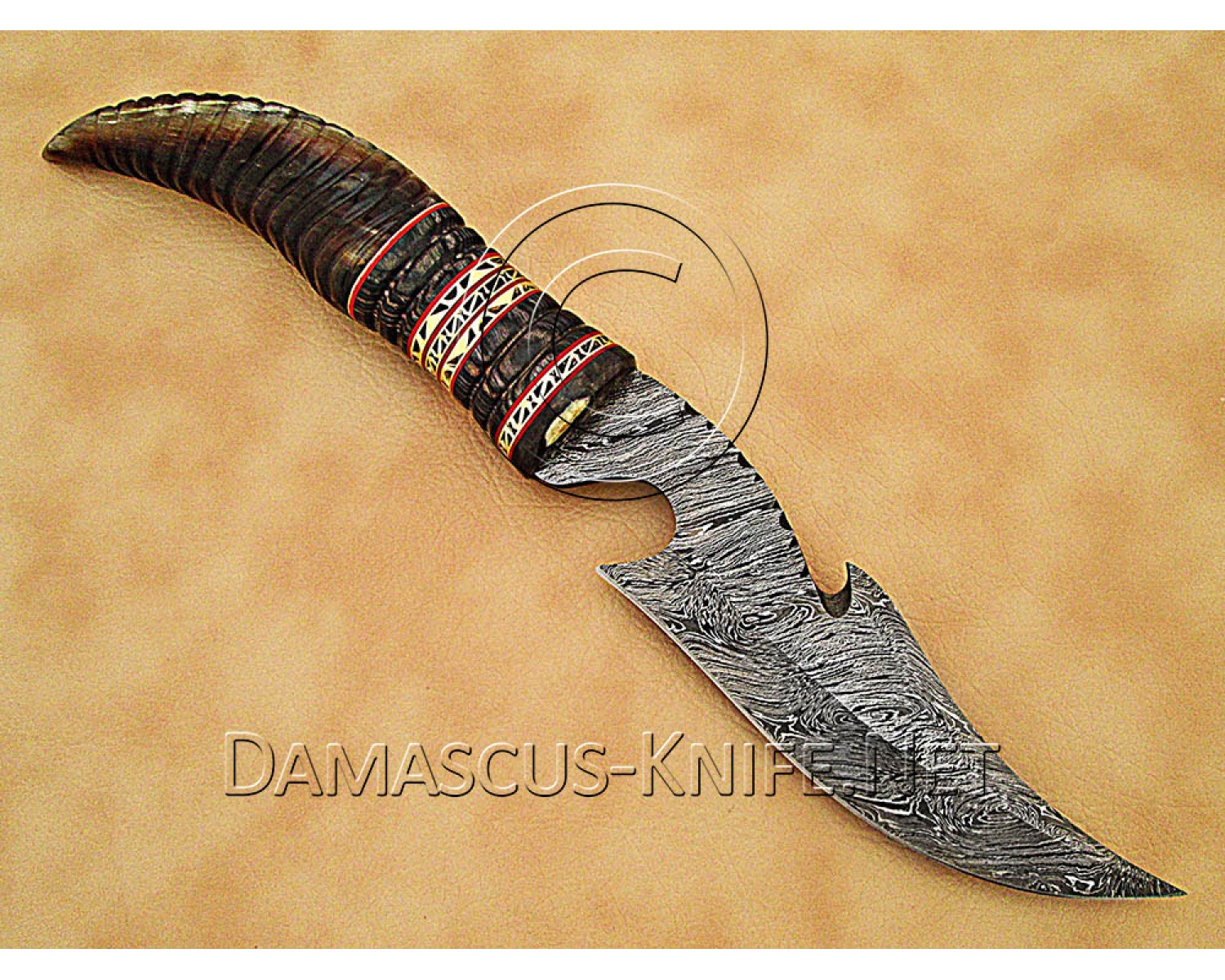 Custom Handmade Damascus Steel Utility Hook Bowie Knife - Ram Horn Handle - CK889