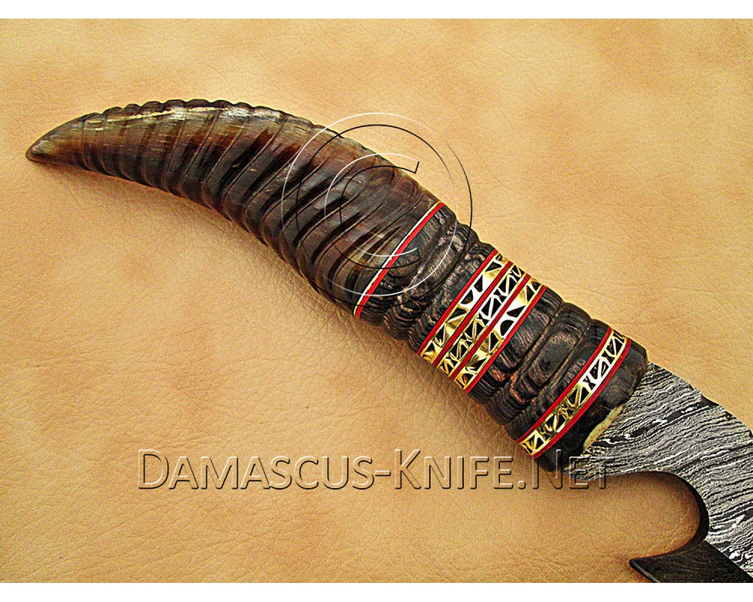 Custom Handmade Damascus Steel Utility Hook Bowie Knife - Ram Horn Handle - CK889