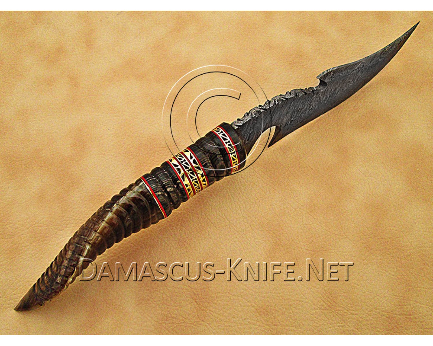 Custom Handmade Damascus Steel Utility Hook Bowie Knife - Ram Horn Handle - CK889