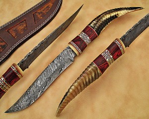 Custom Handmade Damascus Steel Outdoor Bowie Knife - Ram Horn Handle - CK891