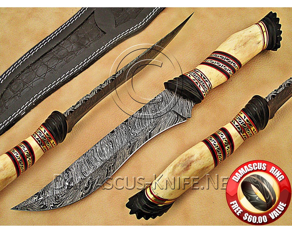 Custom Handmade Damascus Steel Outdoor Bowie Knife - Bone Handle - CK892
