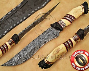 Custom Handmade Damascus Steel Outdoor Bowie Knife - Bone Handle - CK892