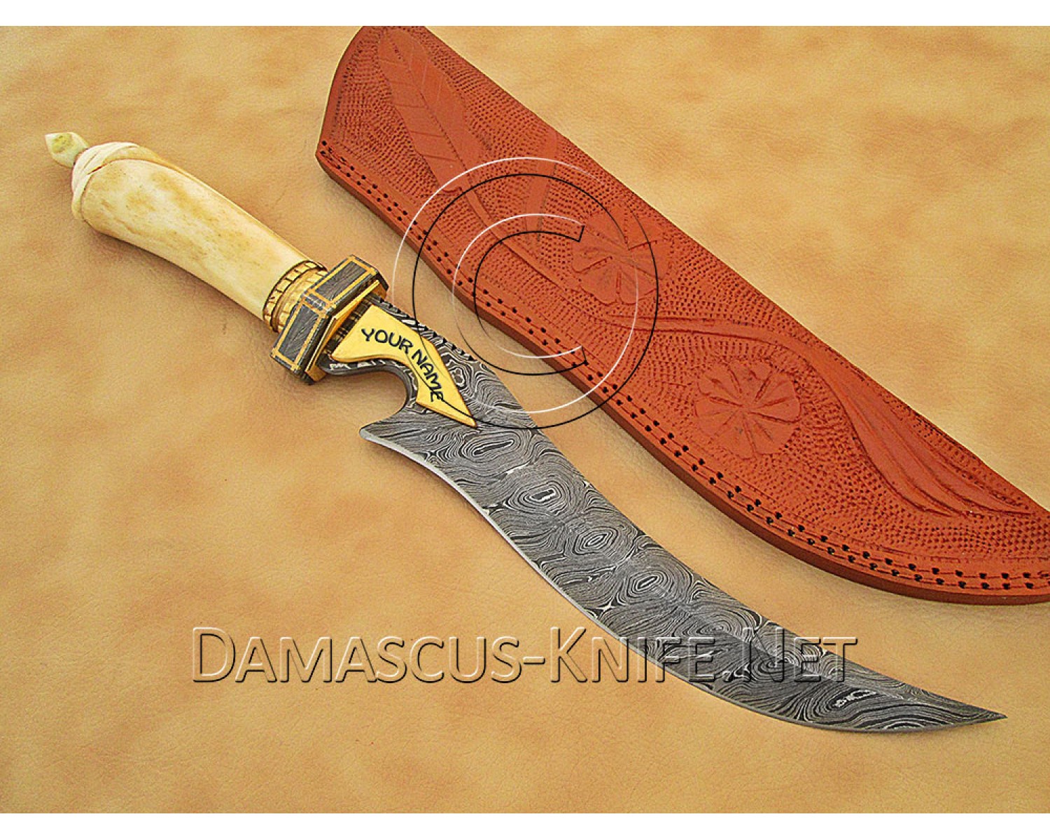 Handmade Damascus Steel Extra-Large Curved Field-Utility Implement - Carved Bone & Brass File-work - CK899 Handmade Damascus Steel Extra-Large Curved Field-Utility Implement - Carved Bone & Brass File-work - CK899