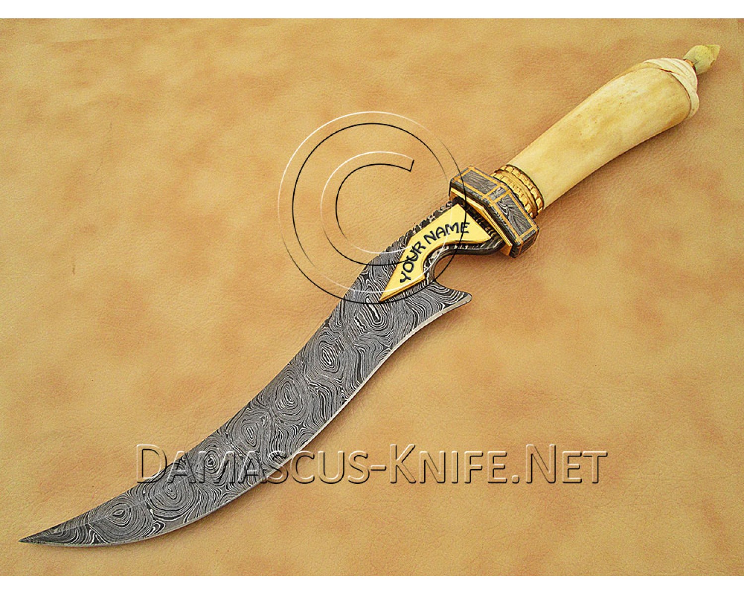 Handmade Damascus Steel Extra-Large Curved Field-Utility Implement - Carved Bone & Brass File-work - CK899 Handmade Damascus Steel Extra-Large Curved Field-Utility Implement - Carved Bone & Brass File-work - CK899