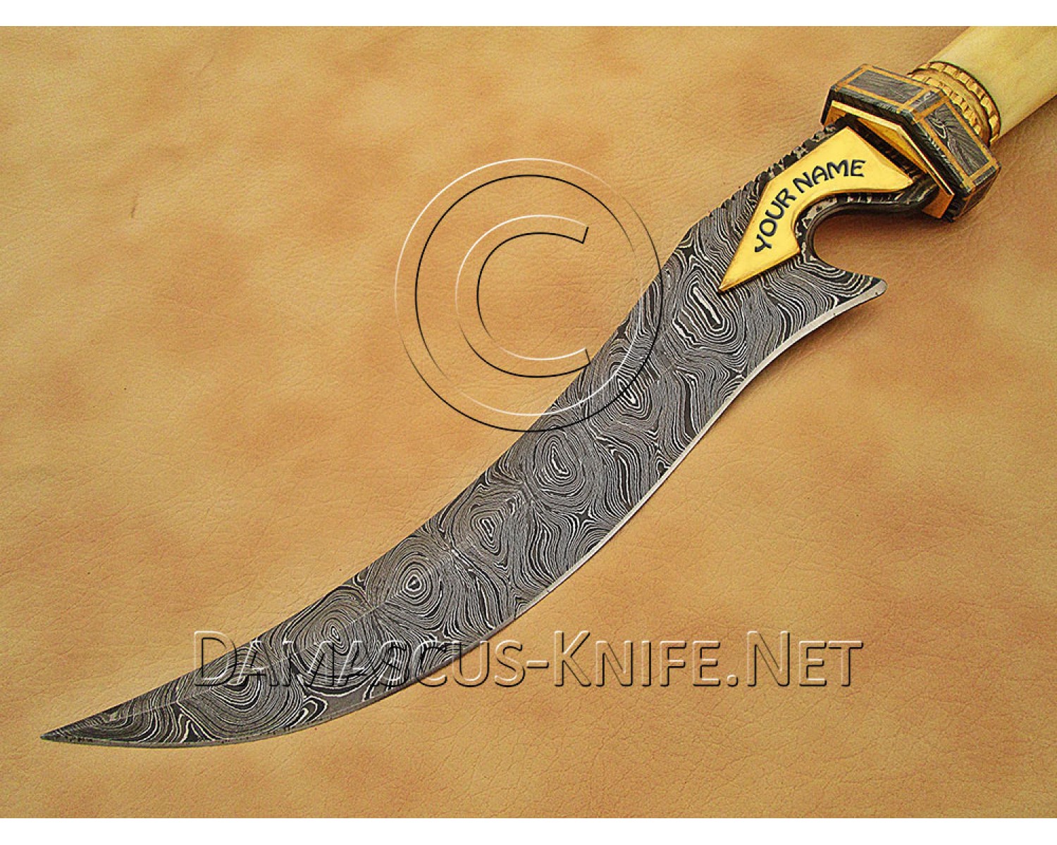 Handmade Damascus Steel Extra-Large Curved Field-Utility Implement - Carved Bone & Brass File-work - CK899 Handmade Damascus Steel Extra-Large Curved Field-Utility Implement - Carved Bone & Brass File-work - CK899
