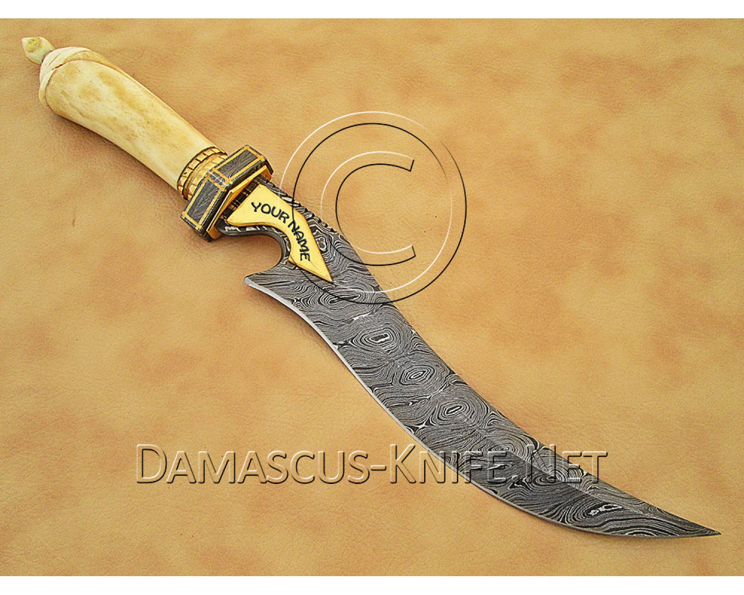 Handmade Damascus Steel Extra-Large Curved Field-Utility Implement - Carved Bone & Brass File-work - CK899 Handmade Damascus Steel Extra-Large Curved Field-Utility Implement - Carved Bone & Brass File-work - CK899