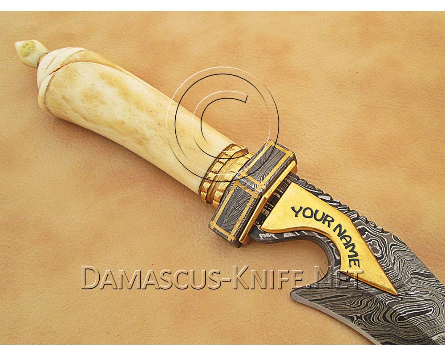 Handmade Damascus Steel Extra-Large Curved Field-Utility Implement - Carved Bone & Brass File-work - CK899 Handmade Damascus Steel Extra-Large Curved Field-Utility Implement - Carved Bone & Brass File-work - CK899