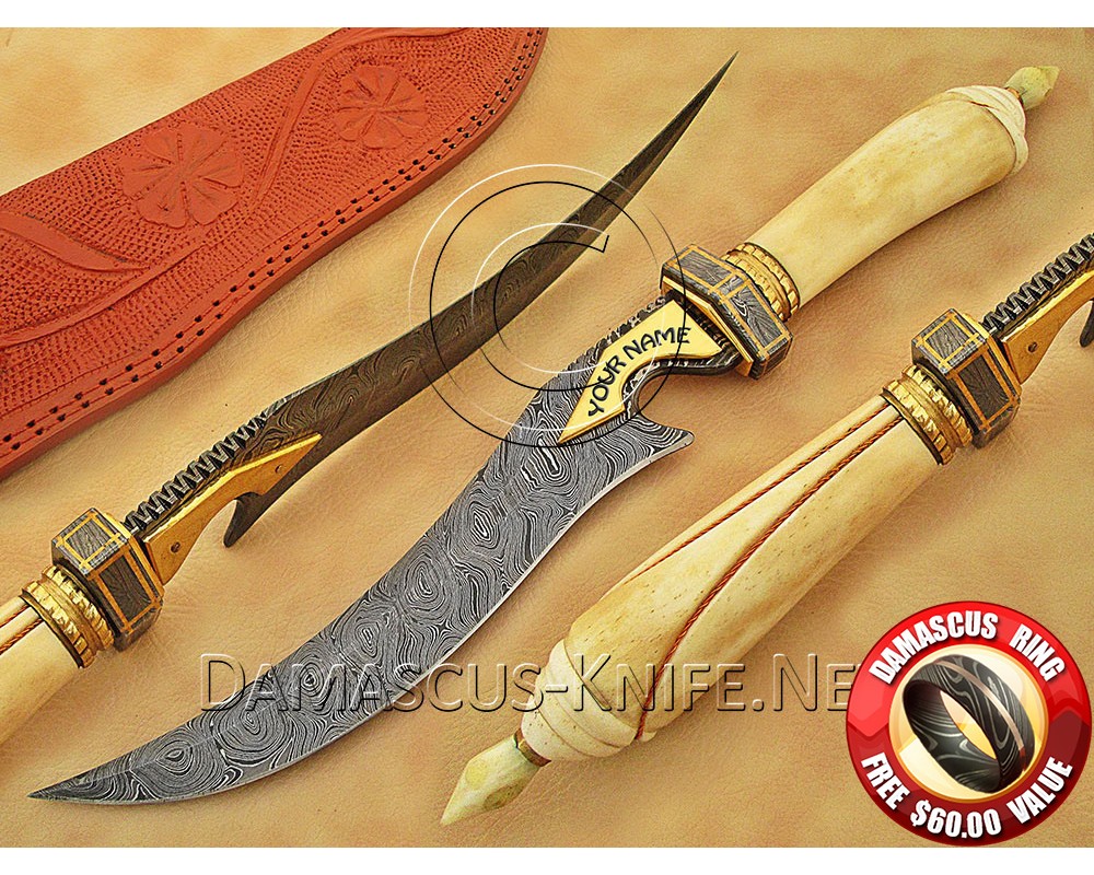 Handmade Damascus Steel Extra-Large Curved Field-Utility Implement - Carved Bone & Brass File-work - CK899