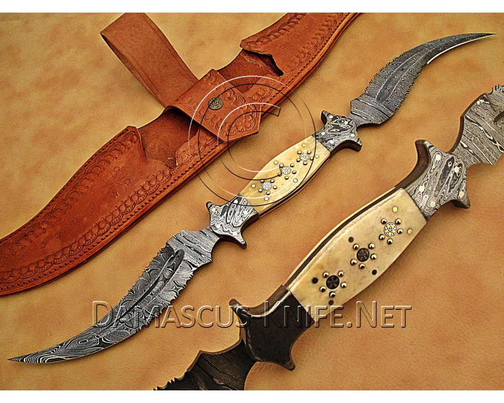 Custom Handmade Damascus Steel Dual Blade Haledi Knife - Bone Handle - CK952
