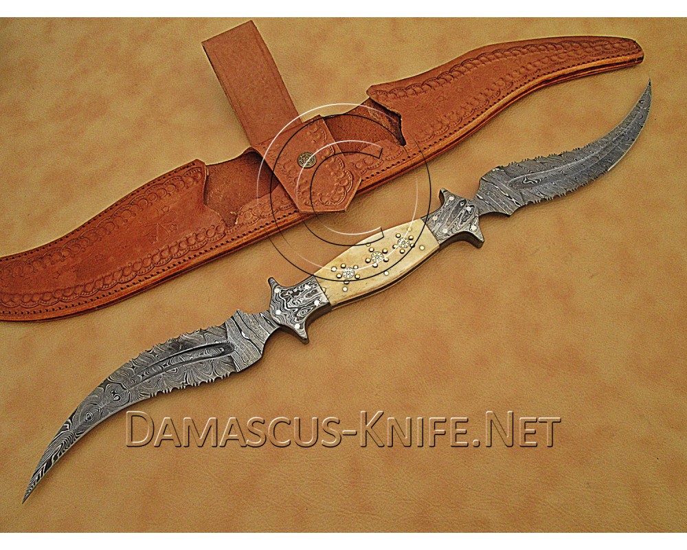 Custom Handmade Damascus Steel Dual Blade Haledi Knife - Bone Handle - CK952
