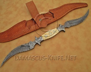 Custom Handmade Damascus Steel Dual Blade Haledi Knife - Bone Handle - CK952