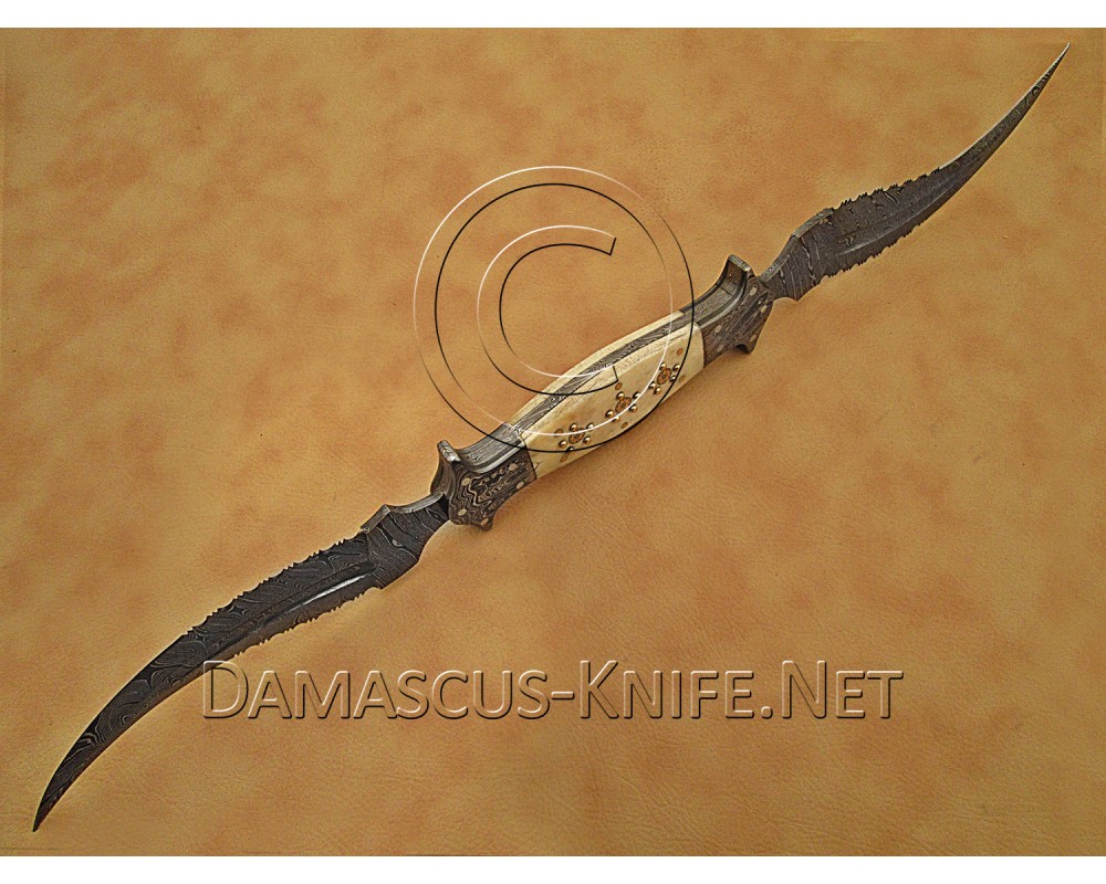 Custom Handmade Damascus Steel Dual Blade Haledi Knife - Bone Handle - CK952