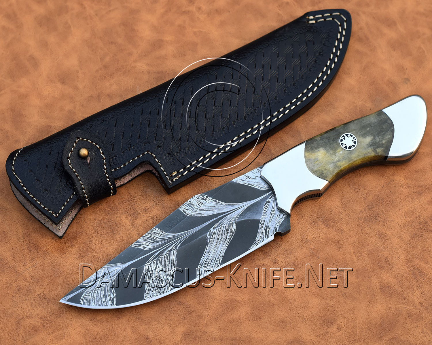 Handmade Damascus Mosaic Steel Camp Knife - Texas Mosaic Pin - CK998 Handmade Damascus Mosaic Steel Camp Knife - Texas Mosaic Pin - CK998