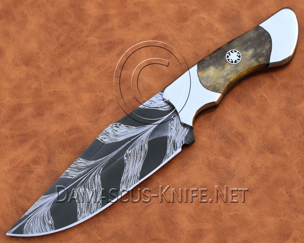 Custom Handmade Damascus Mosaic Steel Outdoor Camp Knife - Bone Handle - CK998