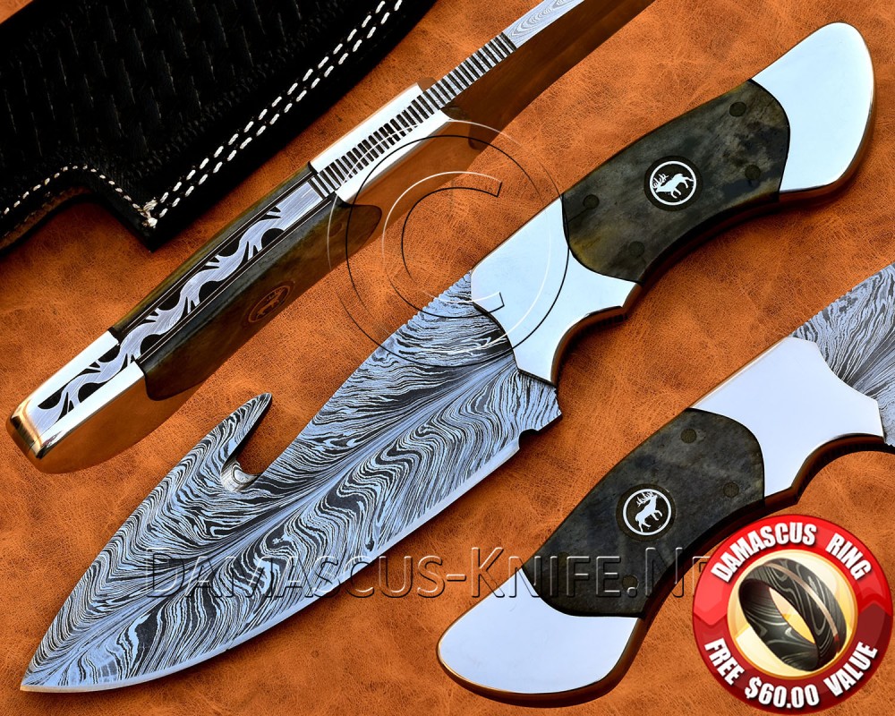 Custom Handmade Damascus Steel Utility Hook Camp Knife - Bone Handle - CK999 Custom Handmade Damascus Steel Utility Hook Camp Knife - Bone Handle - CK999