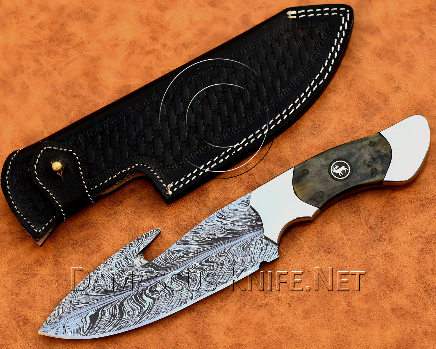 Handmade Damascus Steel Curved Field-Utility Implement - Dark Bone & Eagle Pins - CK999