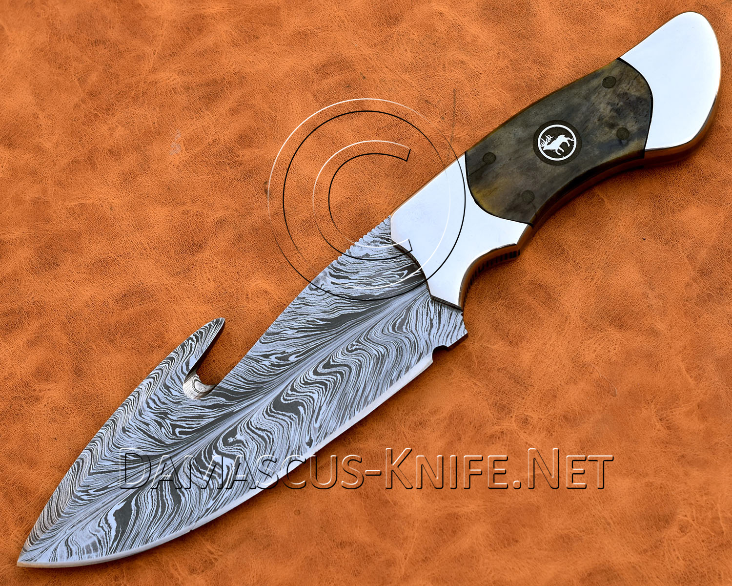 Handmade Damascus Steel Curved Field-Utility Implement - Dark Bone & Eagle Pins - CK999