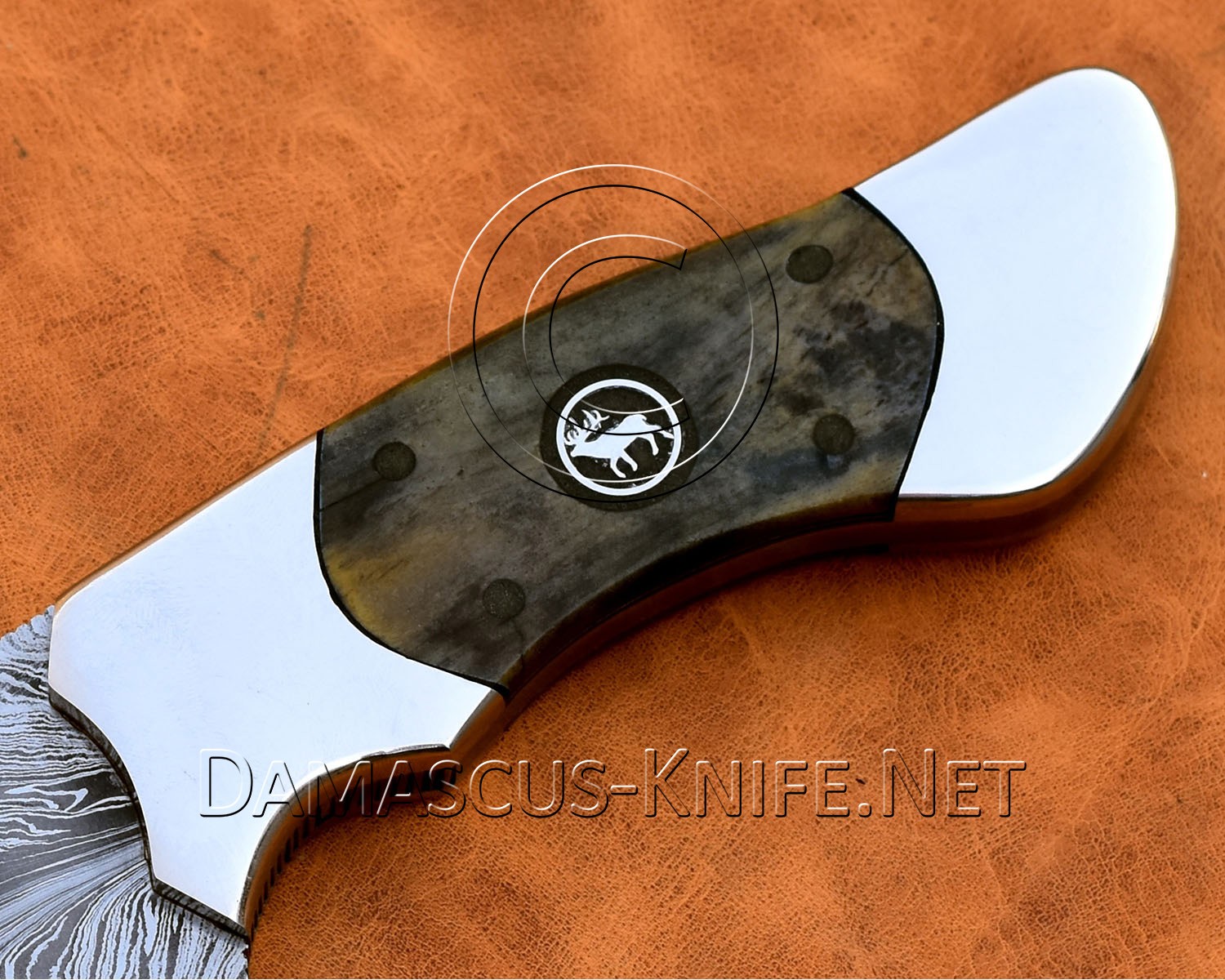 Handmade Damascus Steel Curved Field-Utility Implement - Dark Bone & Eagle Pins - CK999