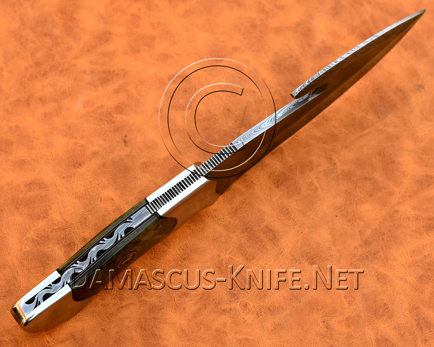 Handmade Damascus Steel Curved Field-Utility Implement - Dark Bone & Eagle Pins - CK999