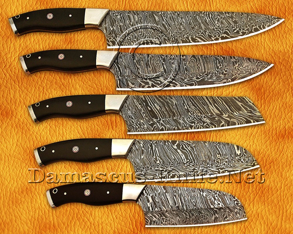 Custom Handmade Damascus Steel 5-Piece Kitchen Knife Set - G10 Micarta - DCK671 Custom Handmade Damascus Steel 5-Piece Kitchen Knife Set - G10 Micarta - DCK671