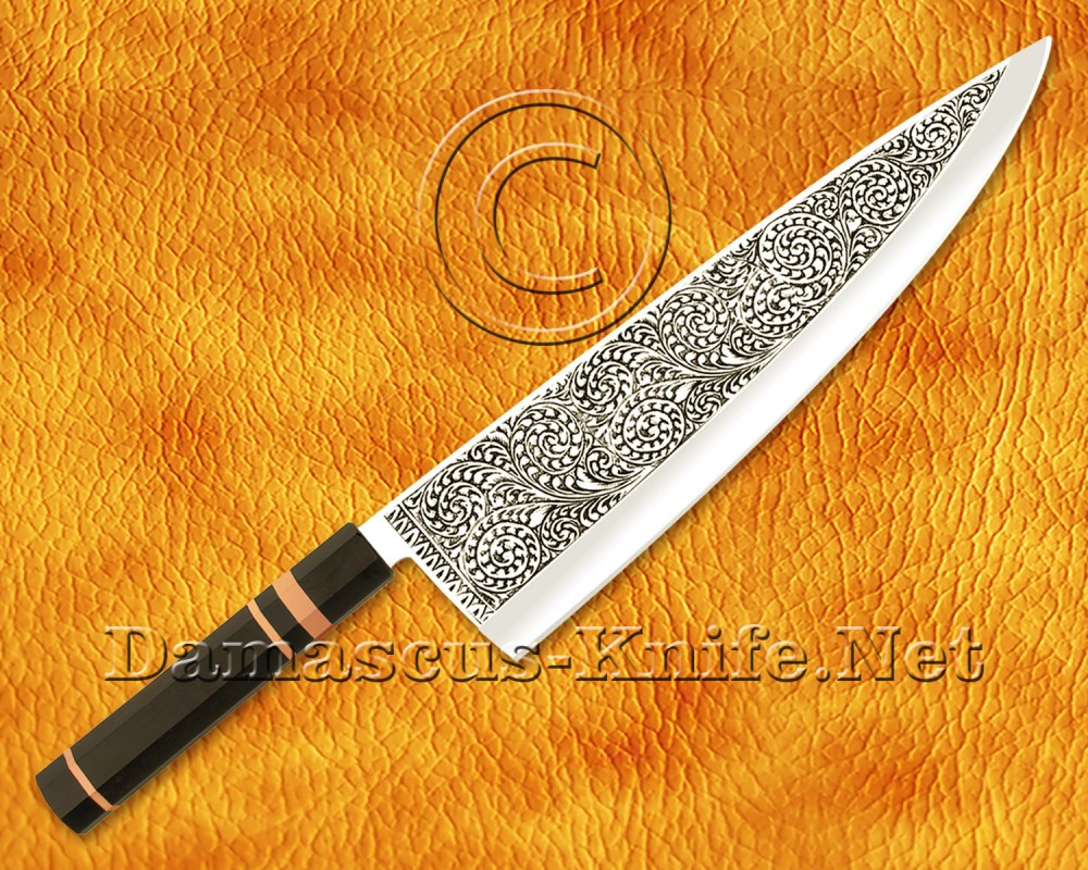 Personalized Engraving Stainless Steel Chef Knife Handmade Kitchen Gyuto Knife Ebony Wood 3 Copper Ring Handle - DCK681 Personalized Engraving Stainless Steel Chef Knife Handmade Kitchen Gyuto Knife Ebony Wood 3 Copper Ring Handle - DCK681