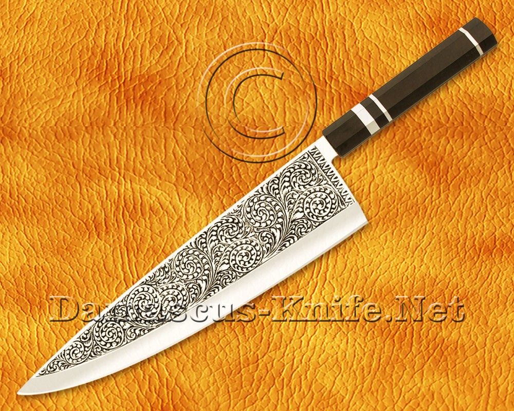 Personalized Engraving Stainless Steel Chef Knife Handmade Kitchen Gyuto Knife Ebony Wood 3 Steel Ring Handle - DCK660 Personalized Engraving Stainless Steel Chef Knife Handmade Kitchen Gyuto Knife Ebony Wood 3 Steel Ring Handle - DCK660