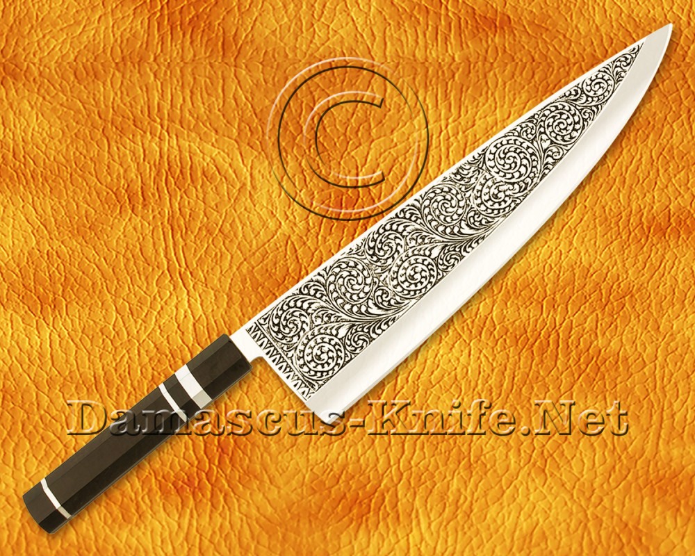 Personalized Engraving Stainless Steel Chef Knife Handmade Kitchen Gyuto Knife Ebony Wood 3 Steel Ring Handle - DCK660 Personalized Engraving Stainless Steel Chef Knife Handmade Kitchen Gyuto Knife Ebony Wood 3 Steel Ring Handle - DCK660