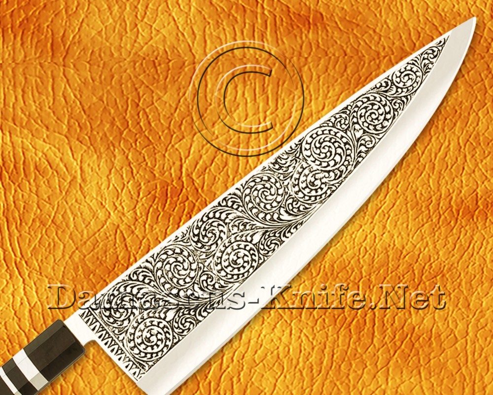 Personalized Engraving Stainless Steel Chef Knife Handmade Kitchen Gyuto Knife Ebony Wood 3 Steel Ring Handle - DCK660 Personalized Engraving Stainless Steel Chef Knife Handmade Kitchen Gyuto Knife Ebony Wood 3 Steel Ring Handle - DCK660