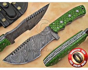 Personalized Handmade Damascus Steel Arts and Crafts Hunting and Survival Tracker Knife G10 Micarta Handle - DTK1003
