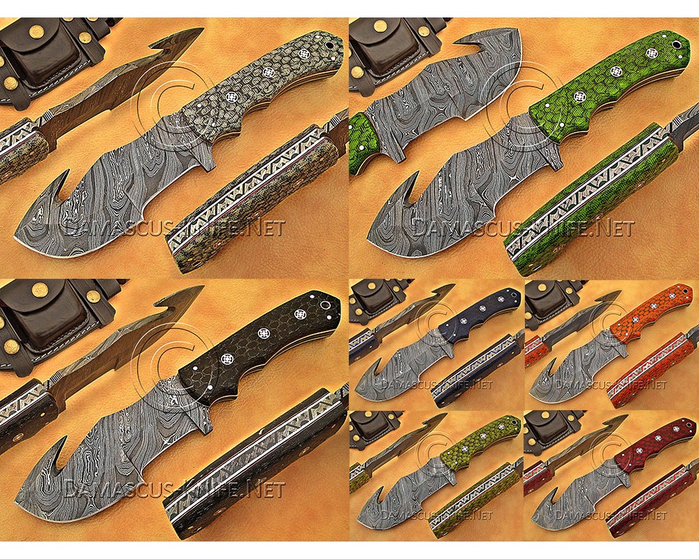 Damascus Steel Gut Hook Tracker Knife Set of 7 with G10 Micarta Handle – DTK1011