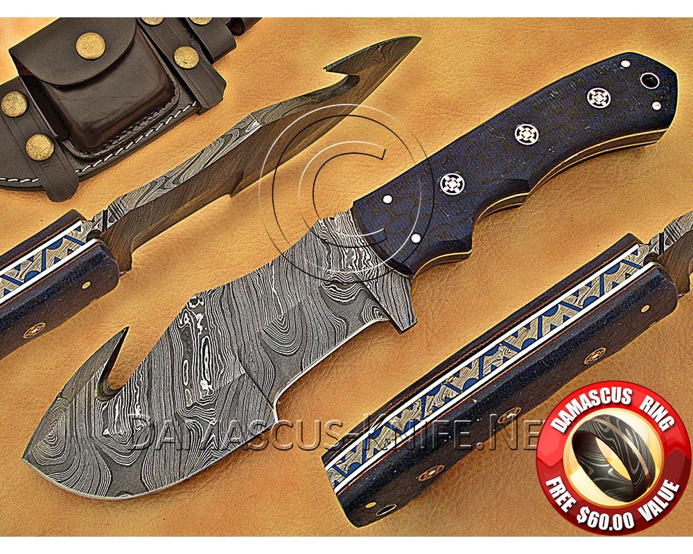 Personalized Handmade Damascus Steel Gut Hook Arts and Crafts Hunting and Survival Tracker Knife G10 Micarta Handle - DTK1012