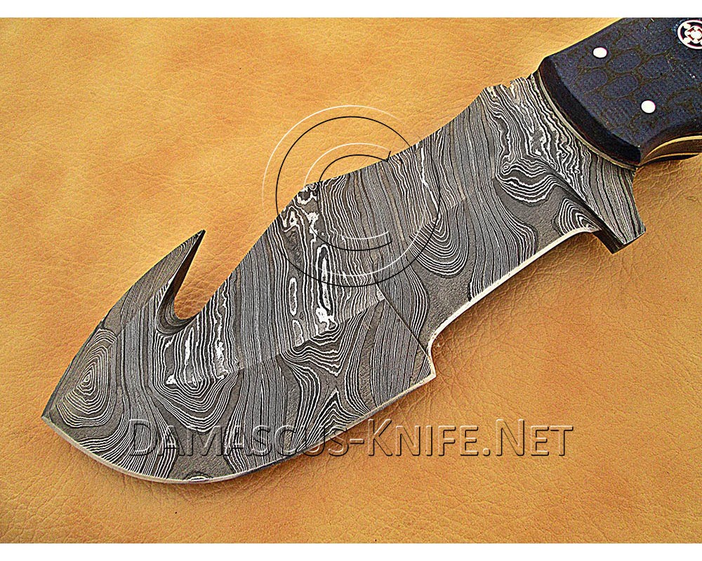 Personalized Handmade Damascus Steel Gut Hook Arts and Crafts Hunting and Survival Tracker Knife G10 Micarta Handle - DTK1012
